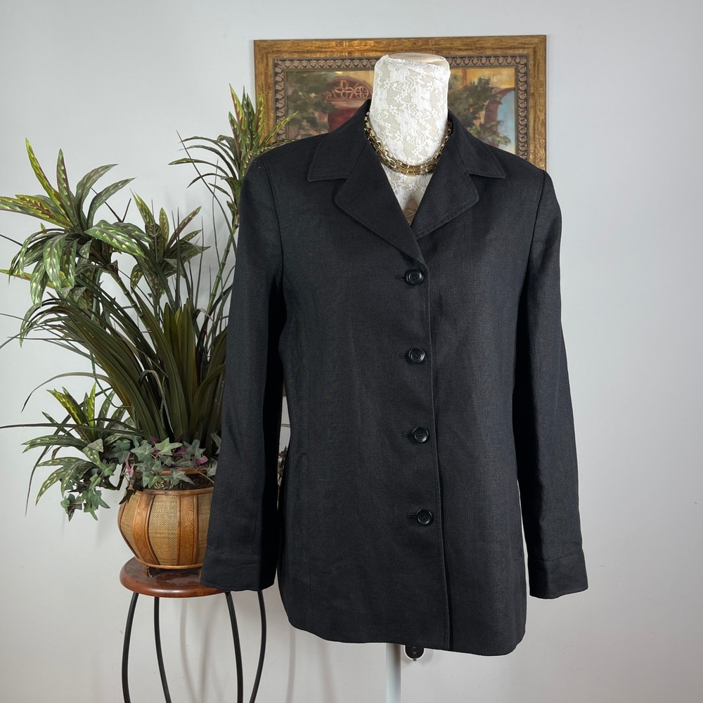 Talbots Blazer Women 12P Black Irish Linen 4 Button Front Long Sleeve Jacket
